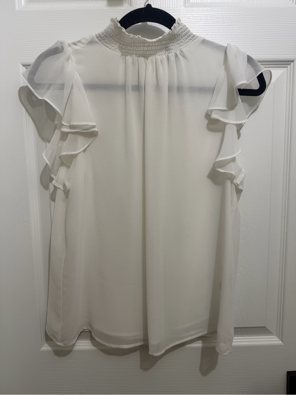1.State White Smocked Neck Ruffle Sleeve Blouse